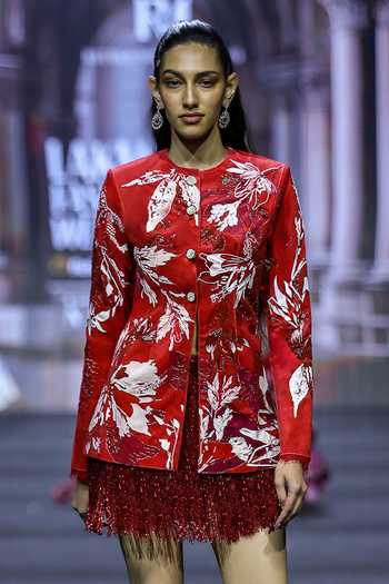 Buy_Ritika Mirchandani_Red Net, Dupion Mandarin Collar Acacia Floral Printed Top And Skirt Set _Online_at_Aza_Fashions