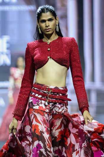 Ritika Mirchandani_Red Organza, Crepe, Net, Dupion Zinnia Floral Printed Blouse And Skirt Set _Online_at_Aza_Fashions