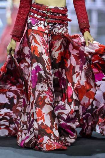 Buy_Ritika Mirchandani_Red Organza, Crepe, Net, Dupion Zinnia Floral Printed Blouse And Skirt Set _Online_at_Aza_Fashions