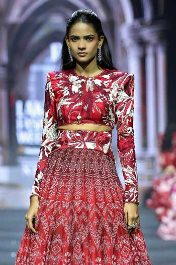 Ritika Mirchandani_Red Organza, Georgette, Crepe, Net Petal Crystal Printed Lehenga And Blouse Set _Online_at_Aza_Fashions