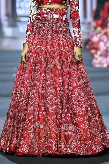 Buy_Ritika Mirchandani_Red Organza, Georgette, Crepe, Net Petal Crystal Printed Lehenga And Blouse Set _Online_at_Aza_Fashions