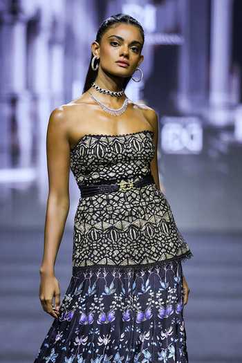 Ritika Mirchandani_Black Net, Satin, Dupion Bandeau Aurelia Crystal Printed Kurta Set With Belt _Online_at_Aza_Fashions