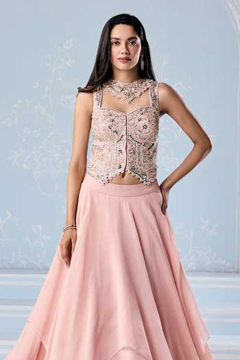 Seema Thukral_Pink Organza, Chiffon Sweetheart Neck Raven Hand Embroidered Blouse Lehenga Set _Online_at_Aza_Fashions