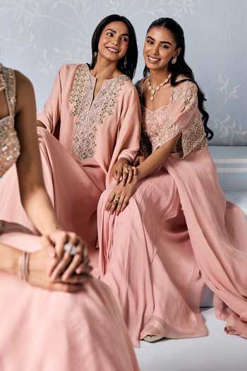 Buy_Seema Thukral_Pink Organza, Chiffon Sweetheart Neck Raven Hand Embroidered Blouse Lehenga Set _Online_at_Aza_Fashions