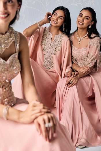Shop_Seema Thukral_Pink Organza, Chiffon Sweetheart Neck Raven Hand Embroidered Blouse Lehenga Set _Online_at_Aza_Fashions