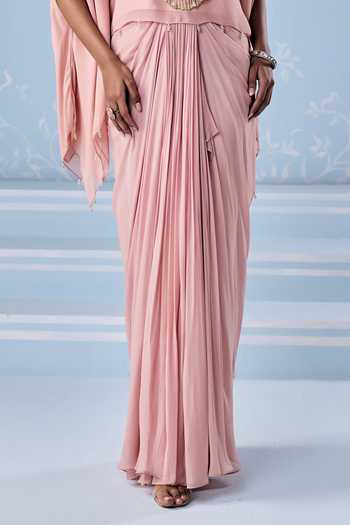 Seema Thukral_Pink Georgette, Satin Round Neck Fizola Embellished Kaftan With Skirt _Online_at_Aza_Fashions
