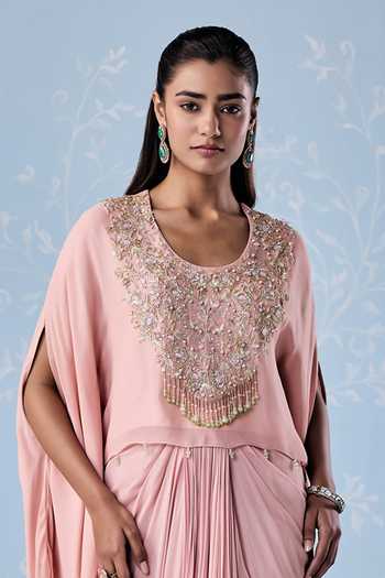 Buy_Seema Thukral_Pink Georgette, Satin Round Neck Fizola Embellished Kaftan With Skirt _Online_at_Aza_Fashions
