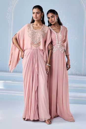 Shop_Seema Thukral_Pink Georgette, Satin Round Neck Fizola Embellished Kaftan With Skirt _Online_at_Aza_Fashions
