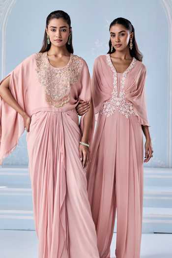 Seema Thukral_Pink Georgette, Satin Round Neck Fizola Embellished Kaftan With Skirt _at_Aza_Fashions