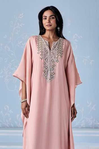 Seema Thukral_Pink Silk, Satin V-neck Embellished Full Length Kaftan _Online_at_Aza_Fashions