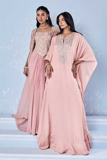 Buy_Seema Thukral_Pink Silk, Satin V-neck Embellished Full Length Kaftan _Online_at_Aza_Fashions