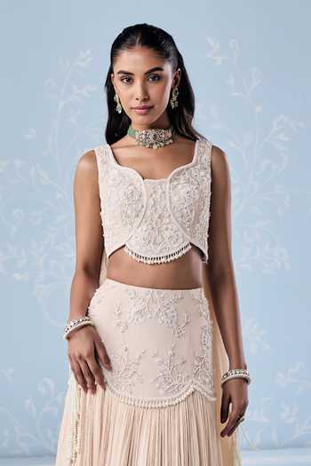 Buy_Seema Thukral_Ivory Georgette, Satin, Chiffon Sweetheart Marine Embellished Blouse Lehenga Set _Online_at_Aza_Fashions