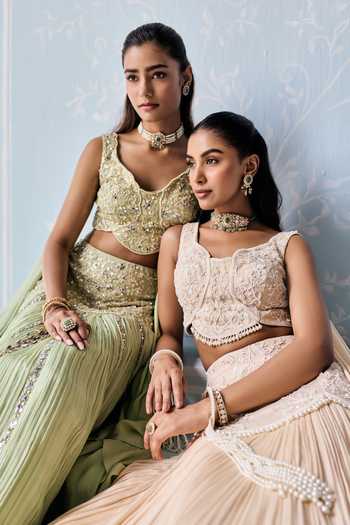 Shop_Seema Thukral_Ivory Georgette, Satin, Chiffon Sweetheart Marine Embellished Blouse Lehenga Set _Online_at_Aza_Fashions