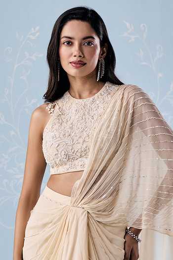 Buy Seema Thukral Ivory Georgette, Satin High Neck Willow Pre-draped Saree And Blouse Set Online at Aza Fashions Buy_Seema Thukral_Ivory Georgette, Satin High Neck Willow Pre-draped Saree And Blouse Set _Online_at_Aza_Fashions