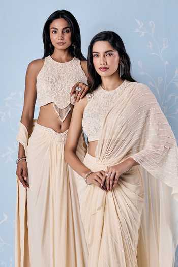 Shop Seema Thukral Ivory Georgette, Satin High Neck Willow Pre-draped Saree And Blouse Set Online at Aza Fashions Shop_Seema Thukral_Ivory Georgette, Satin High Neck Willow Pre-draped Saree And Blouse Set _Online_at_Aza_Fashions