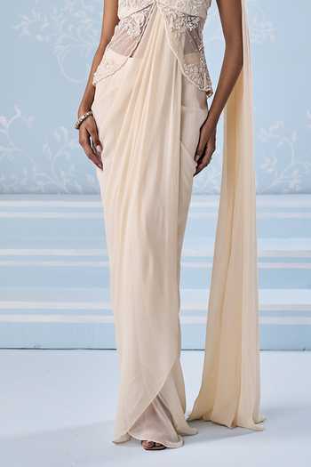 Seema Thukral_Ivory Georgette, Satin, Esme Embellished Peplum Blouse And Pre-draped Saree Set _Online_at_Aza_Fashions