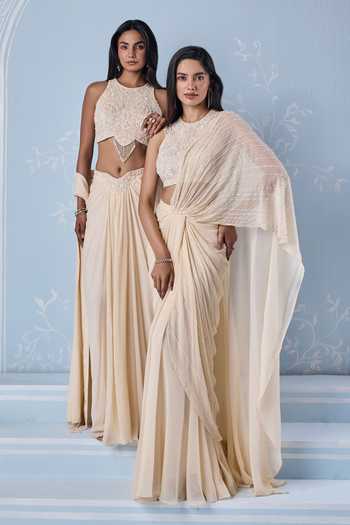 Seema Thukral_Ivory Silk, Georgette, Satin High Gisele Embellished Blouse And Draped Skirt Set _Online_at_Aza_Fashions