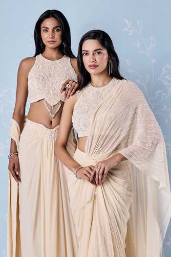 Buy_Seema Thukral_Ivory Silk, Georgette, Satin High Gisele Embellished Blouse And Draped Skirt Set _Online_at_Aza_Fashions