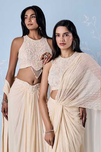 Shop_Seema Thukral_Ivory Silk, Georgette, Satin High Gisele Embellished Blouse And Draped Skirt Set _Online_at_Aza_Fashions