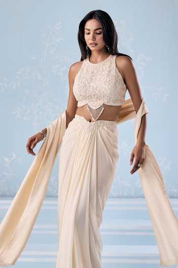 Seema Thukral_Ivory Silk, Georgette, Satin High Gisele Embellished Blouse And Draped Skirt Set _at_Aza_Fashions