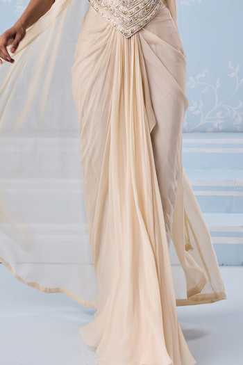 Seema Thukral_Ivory Organza, Georgette Sweetheart Neck Selita Embellished Cape Skirt Set _Online_at_Aza_Fashions