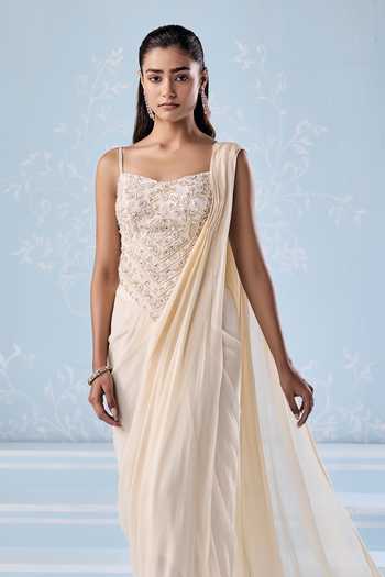 Seema Thukral_Ivory Georgette, Satin Selene Embellished Blouse With Pre-draped Saree _Online_at_Aza_Fashions