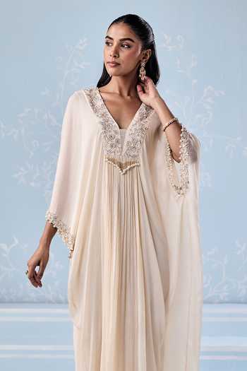 Seema Thukral_Ivory Satin, Chiffon V-neck Adele Embellished Yoke Kaftan _Online_at_Aza_Fashions