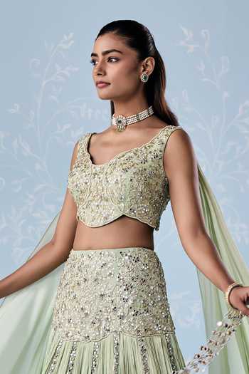 Seema Thukral_Mint Georgette, Satin, Chiffon Sweetheart Yuka Embellished Blouse With Lehenga _Online_at_Aza_Fashions