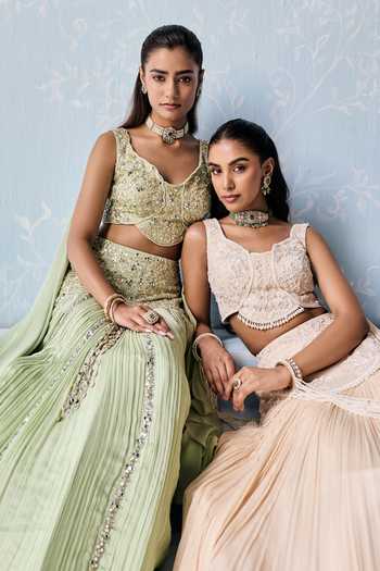 Seema Thukral_Mint Georgette, Satin, Chiffon Sweetheart Yuka Embellished Blouse With Lehenga _at_Aza_Fashions