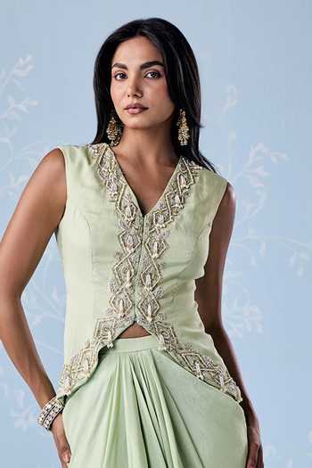 Buy_Seema Thukral_Mint Silk, Satin V-neck Amanda Embellished Jacket With Skirt _Online_at_Aza_Fashions