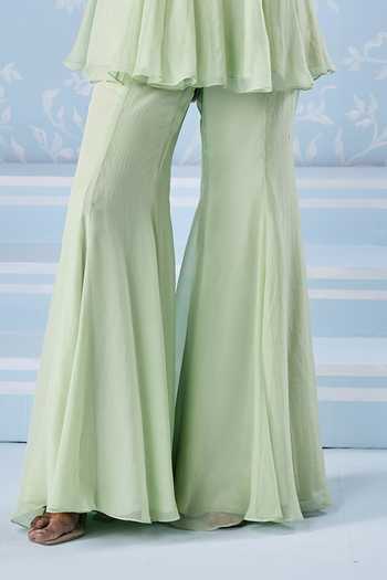 Seema Thukral_Mint Organza, Satin Scoop Neck Yessi Peplum Embroidered Top With Pant _Online_at_Aza_Fashions
