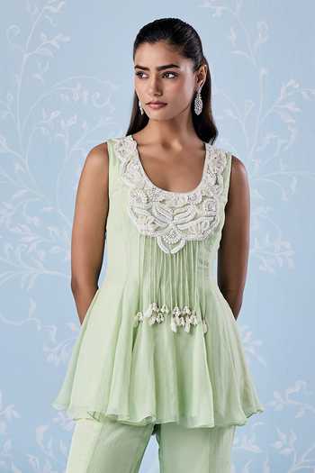 Buy_Seema Thukral_Mint Organza, Satin Scoop Neck Yessi Peplum Embroidered Top With Pant _Online_at_Aza_Fashions