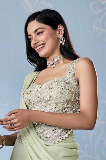 Seema Thukral Mint Georgette, Satin Sweetheart Hand Embroidered Blouse With Pre-draped Saree Online at Aza Fashions Seema Thukral_Mint Georgette, Satin Sweetheart Hand Embroidered Blouse With Pre-draped Saree _Online_at_Aza_Fashions