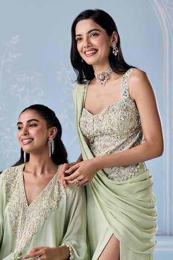 Buy Seema Thukral Mint Georgette, Satin Sweetheart Hand Embroidered Blouse With Pre-draped Saree Online at Aza Fashions Buy_Seema Thukral_Mint Georgette, Satin Sweetheart Hand Embroidered Blouse With Pre-draped Saree _Online_at_Aza_Fashions