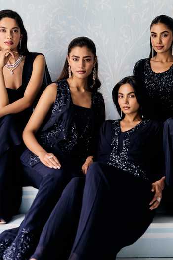 Seema Thukral Navy Silk, Organza Square , Open Sakura Embellished Jacket Pant Set Online at Aza Fashions Seema Thukral_Navy Silk, Organza Square , Open Sakura Embellished Jacket Pant Set _Online_at_Aza_Fashions