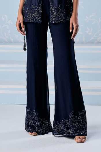 Buy Seema Thukral Navy Silk, Organza Square , Open Sakura Embellished Jacket Pant Set Online at Aza Fashions Buy_Seema Thukral_Navy Silk, Organza Square , Open Sakura Embellished Jacket Pant Set _Online_at_Aza_Fashions