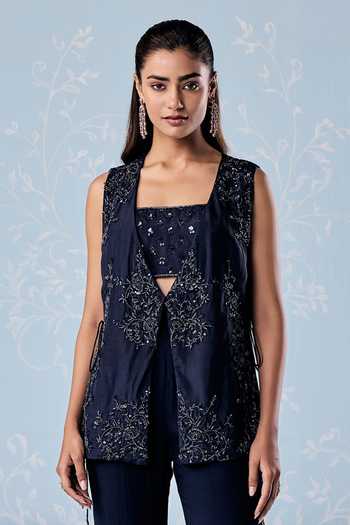 Shop Seema Thukral Navy Silk, Organza Square , Open Sakura Embellished Jacket Pant Set Online at Aza Fashions Shop_Seema Thukral_Navy Silk, Organza Square , Open Sakura Embellished Jacket Pant Set _Online_at_Aza_Fashions