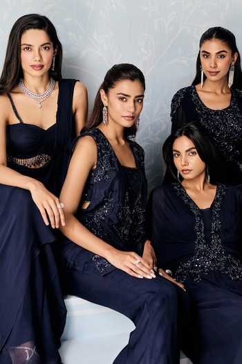 Buy Seema Thukral Navy Silk, Organza Square , Open Sakura Embellished Jacket Pant Set Buy_Seema Thukral_Navy Silk, Organza Square , Open Sakura Embellished Jacket Pant Set
