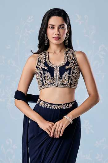 Seema Thukral_Navy Georgette, Satin Sweetheart Elidi Embroidered Blouse And Pre-draped Saree Set _Online_at_Aza_Fashions