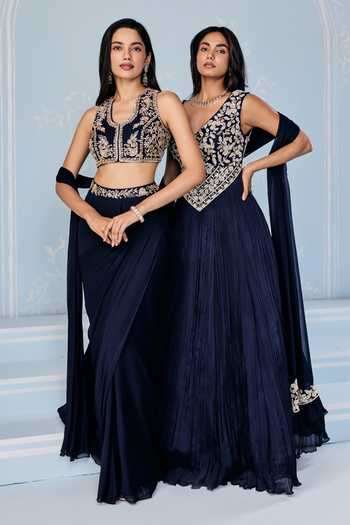 Buy_Seema Thukral_Navy Georgette, Satin Sweetheart Elidi Embroidered Blouse And Pre-draped Saree Set _Online_at_Aza_Fashions