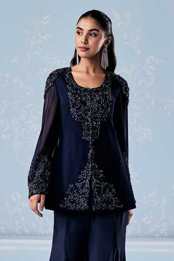 Shop Seema Thukral Navy Georgette, Silk Round Neck Vivica Embellished Jacket With Pant Online at Aza Fashions Shop_Seema Thukral_Navy Georgette, Silk Round Neck Vivica Embellished Jacket With Pant _Online_at_Aza_Fashions
