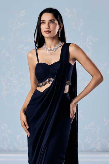 Seema Thukral_Navy Georgette, Satin Sweetheart Hand Work Aari Pre-draped Saree And Blouse Set _Online_at_Aza_Fashions