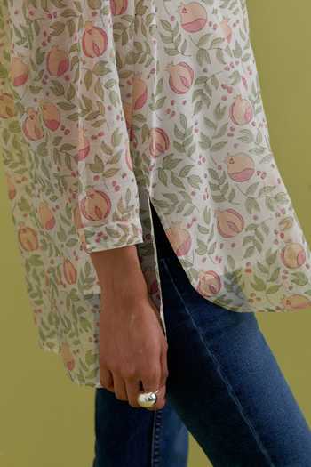 Upavita_Off White Cotton, Chanderi Round Neck Floral Print Tunic _Online_at_Aza_Fashions