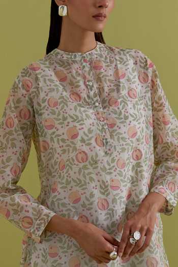 Buy_Upavita_Off White Cotton, Chanderi Round Neck Floral Print Tunic _Online_at_Aza_Fashions