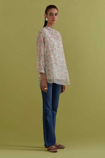 Shop_Upavita_Off White Cotton, Chanderi Round Neck Floral Print Tunic _Online_at_Aza_Fashions
