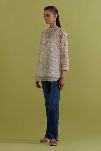 Upavita_Off White Cotton, Chanderi Round Neck Floral Print Tunic _at_Aza_Fashions
