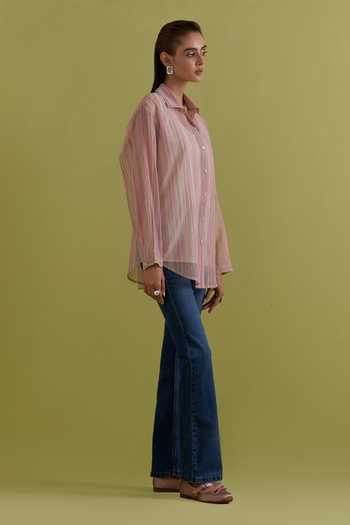 Upavita_Pink Chanderi, Cotton Collared Vertical Stripe Pattern Shirt _Online_at_Aza_Fashions