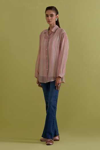 Buy_Upavita_Pink Chanderi, Cotton Collared Vertical Stripe Pattern Shirt _Online_at_Aza_Fashions