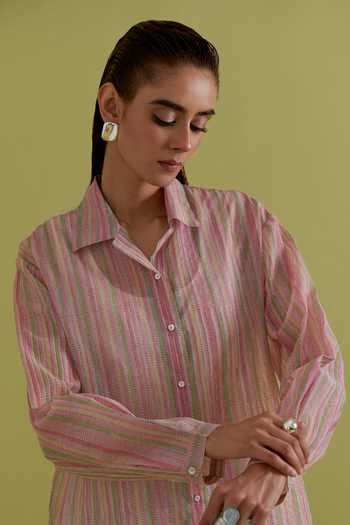 Shop_Upavita_Pink Chanderi, Cotton Collared Vertical Stripe Pattern Shirt _Online_at_Aza_Fashions