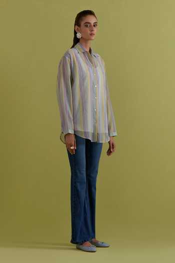 Upavita_Yellow Cotton, Chanderi Collared Vertical Stripe Pattern Shirt _Online_at_Aza_Fashions